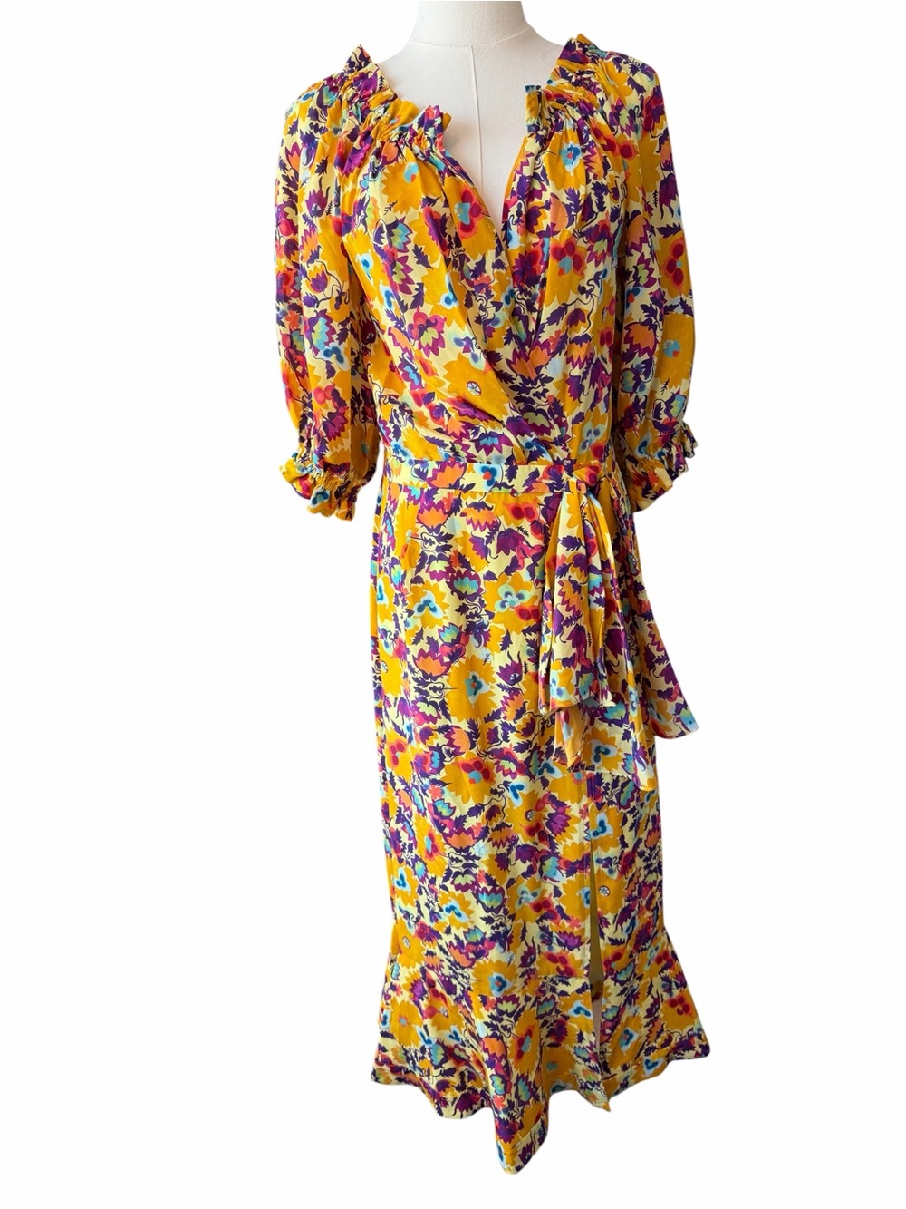 S SALONI Olivia Velvet Burnout Midi Flounce Dress in Mango Sunflower
